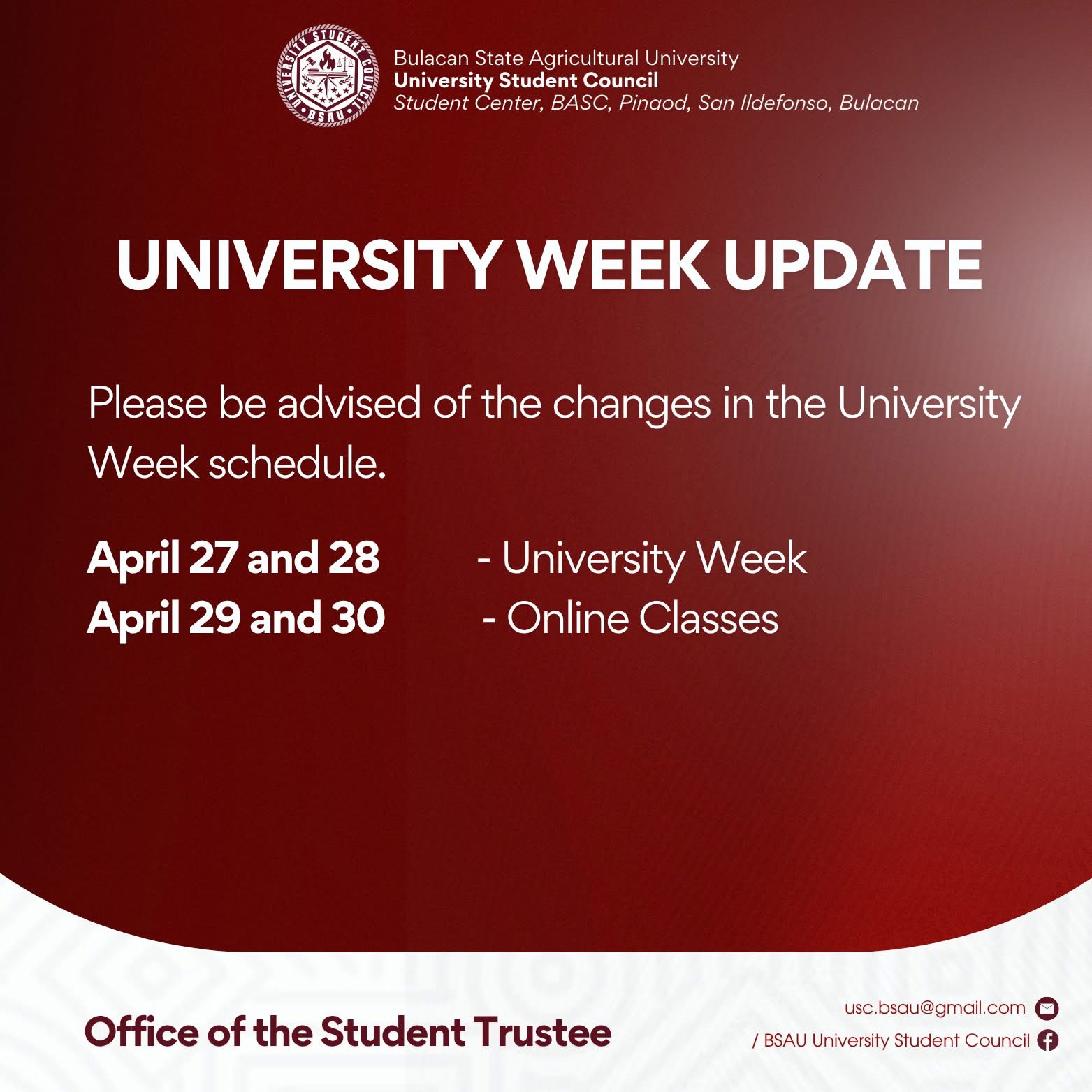 University Week Schedule Update